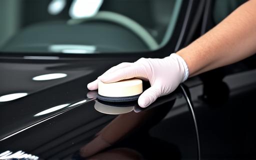 Technician applying wax to a clean black car.