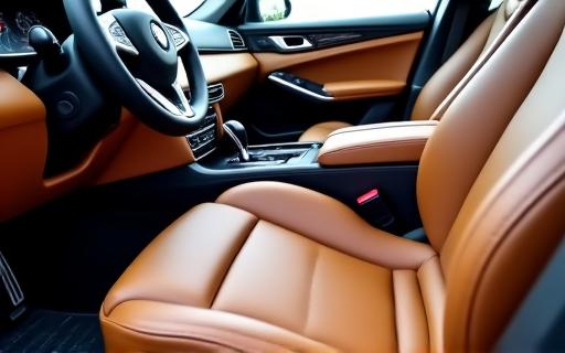 Close-up of a detailed car interior showing clean leather seats.