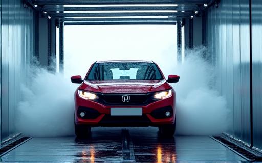Car going through an automated express wash tunnel.